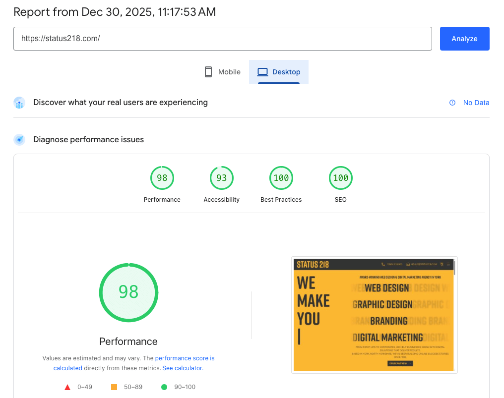 An example screenshot from Page Speed Insights
