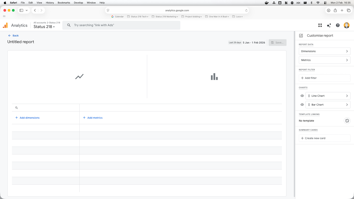 A blank report in Google Analytics ready for you to set up